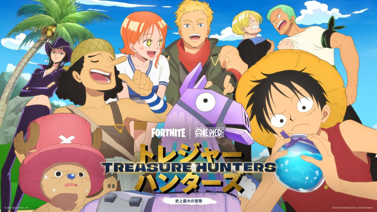 Key Art zu Fortnite Treasure Hunters: Luffy, Nami, Zoro, Sanji, Usopp und Chopper mit einem Lama am Strand