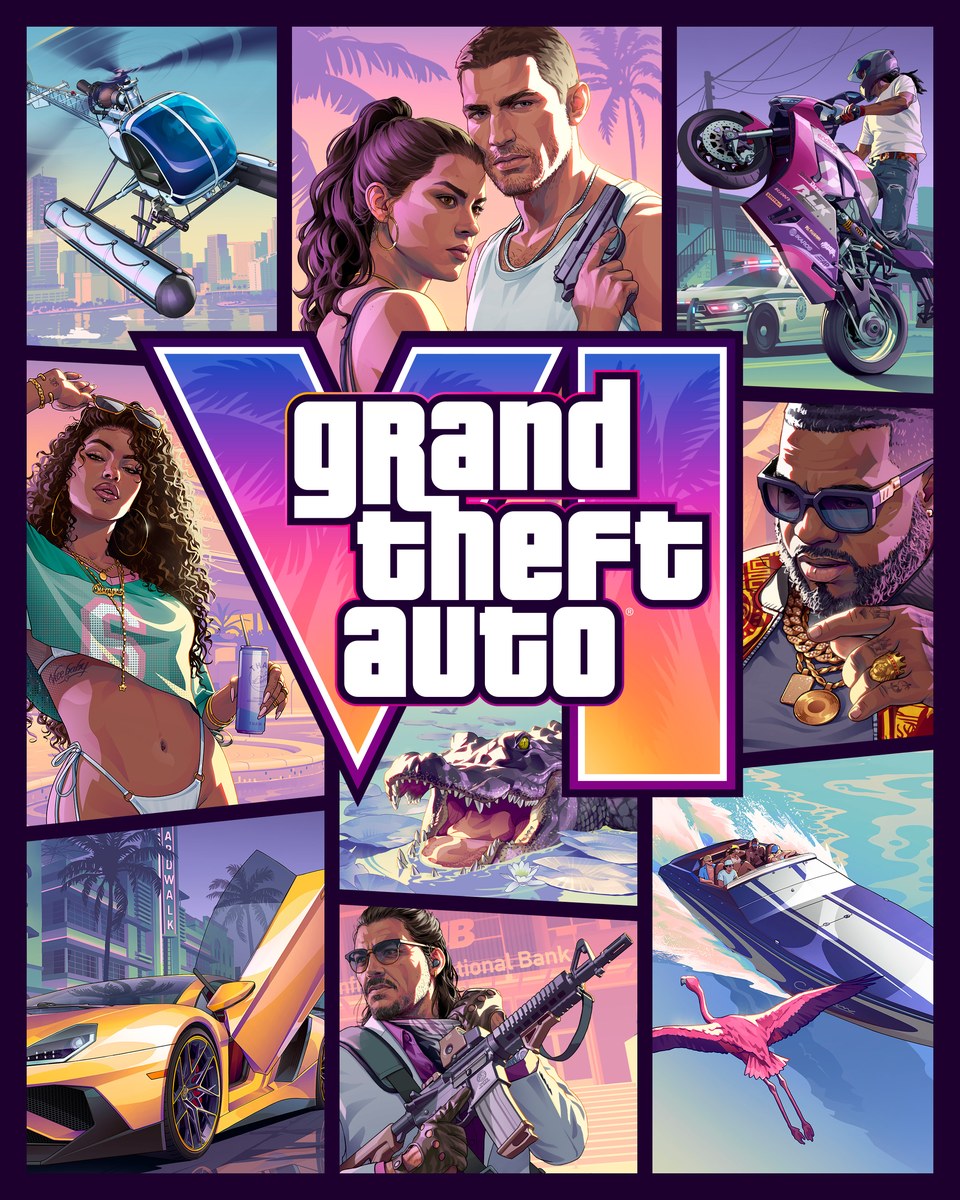 Offizielles Cover von Grand Theft Auto VI: Jason und Lucia, Logo in der Mitte, umgeben von Szenen mit Helikopter, Motorrad, Sportwagen, Alligator und Speedboot