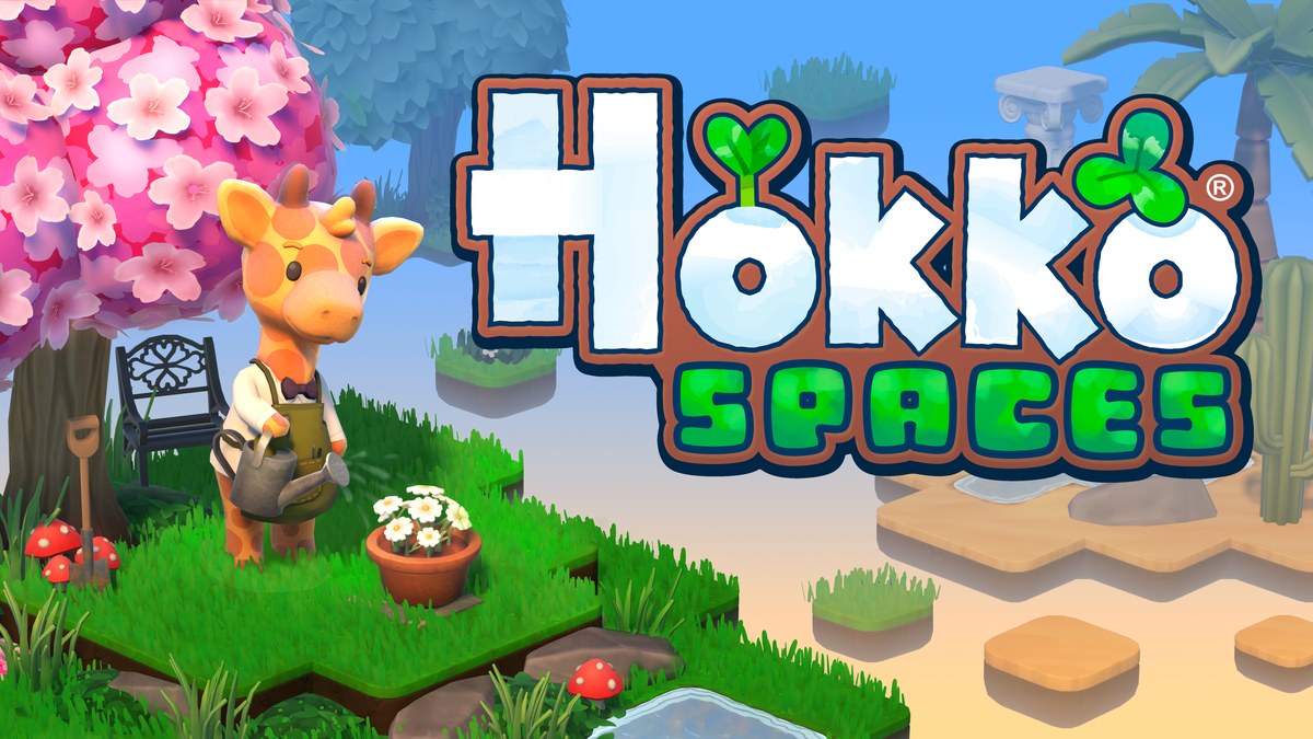 Key Art von Hokko Spaces: Giraffe gießt Blumen unter einem blühenden Kirschbaum, daneben das Hokko-Spaces-Logo
