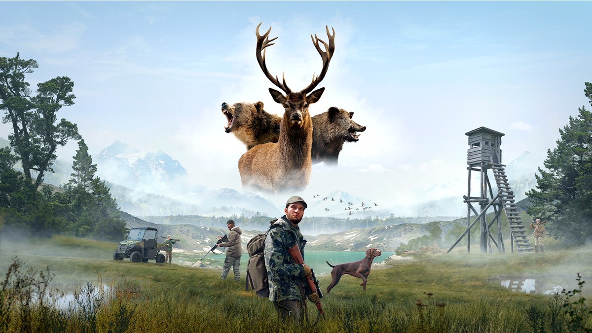 Key Art von Hunting Simulator 3: Jäger mit Gewehr und Hund vor einem See, Hochsitz und Geländefahrzeug, darüber Hirsch, Bär und Wildschwein