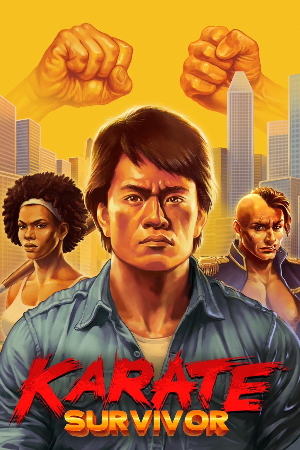 Packshot von Karate Survivor mit dem Helden vor einer Hochhauskulisse, flankiert von einer Kämpferin und einem Gegner, darüber zwei geballte Fäuste