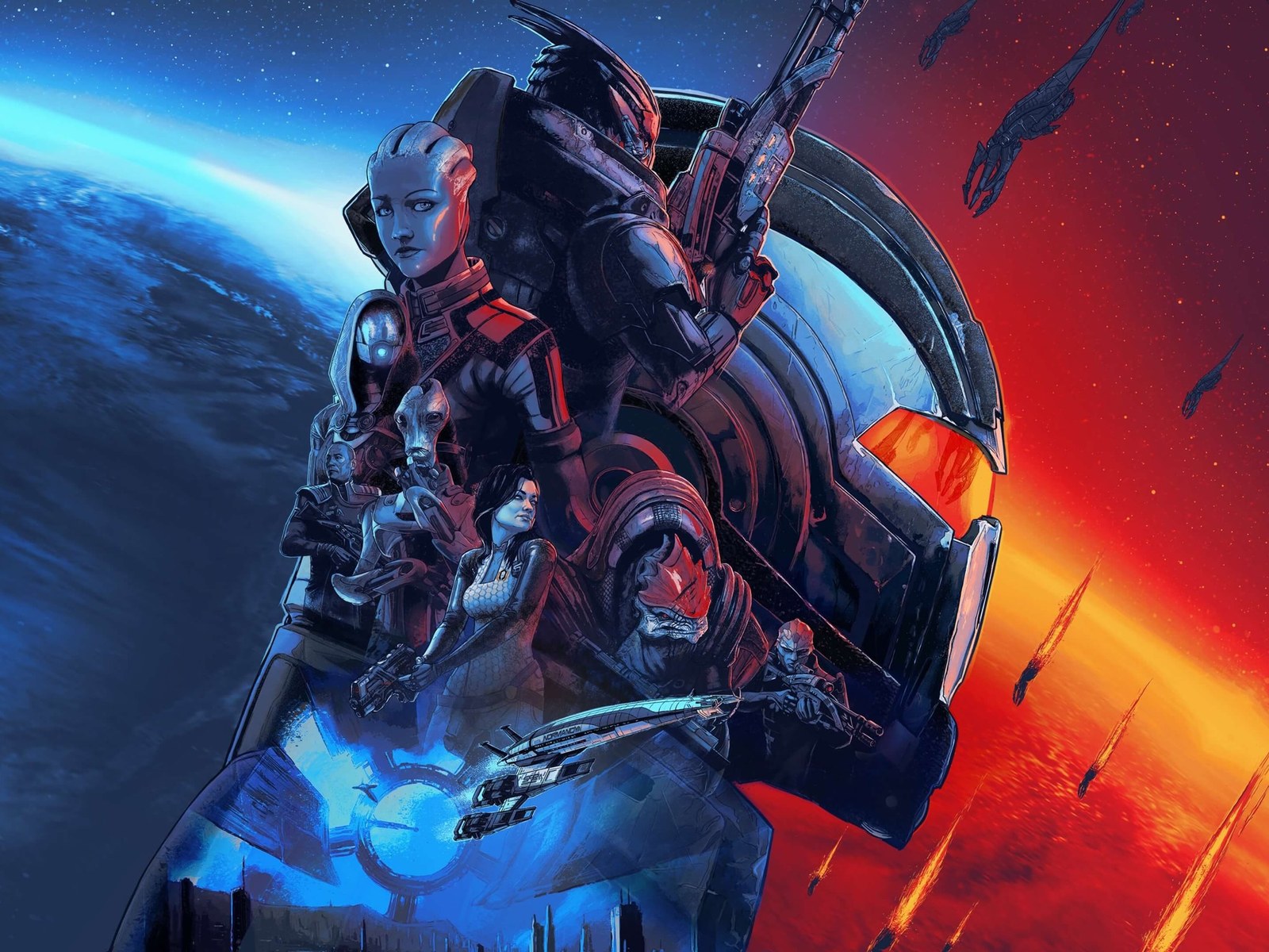 Key Art der Mass Effect Legendary Edition: Commander Shepard im N7-Helm, davor Liara, Garrus und weitere Crewmitglieder vor einem Planeten