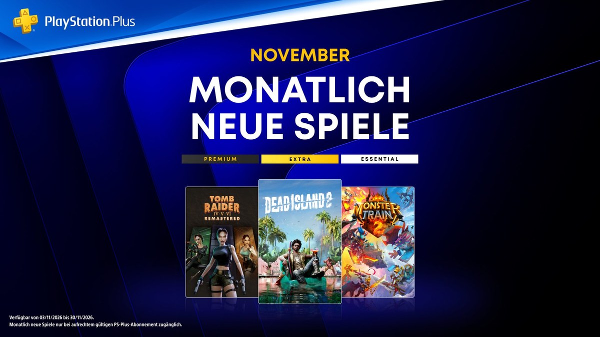 PlayStation-Plus-Grafik zu den monatlichen Spielen im November mit den Covern von Tomb Raider IV–VI Remastered, Dead Island 2 und Monster Train 2