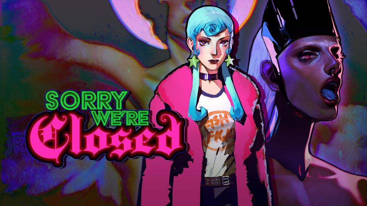 Key Art von Sorry We're Closed: Michelle mit türkisfarbenen Haaren und pinker Jacke zwischen zwei Dämonengestalten, links das Spiellogo
