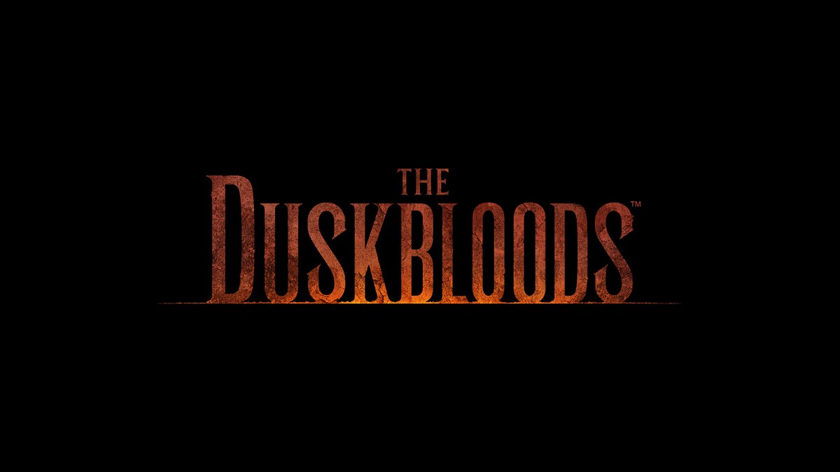 Logo von The Duskbloods in rostroter Schrift auf schwarzem Grund