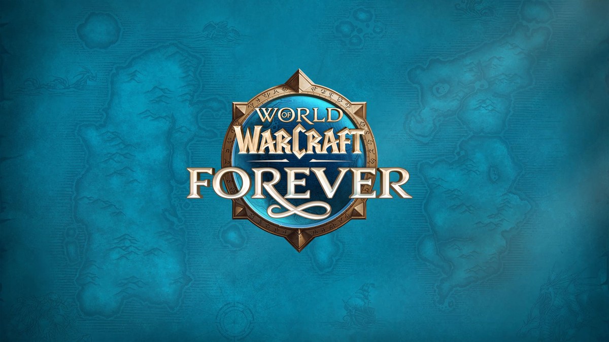 Logo von World of Warcraft: Forever vor einer türkisfarbenen Karte von Azeroth