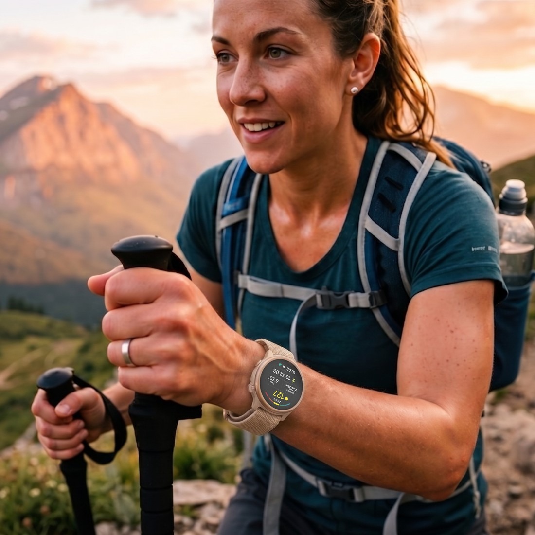 Wanderin mit Trekkingstöcken in den Bergen trägt die Hama Smartwatch Aro in Gold am Handgelenk