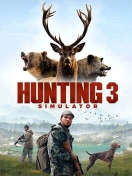 Key Art von Hunting Simulator 3: Jäger mit Gewehr und Hund vor einem See, Hochsitz und Geländefahrzeug, darüber Hirsch, Bär und Wildschwein